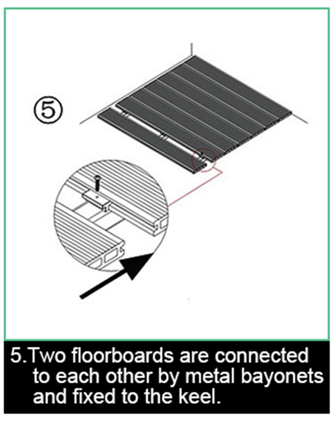 Step 5: Connecting two WPC floorboards with metal bayonets fixed to keel