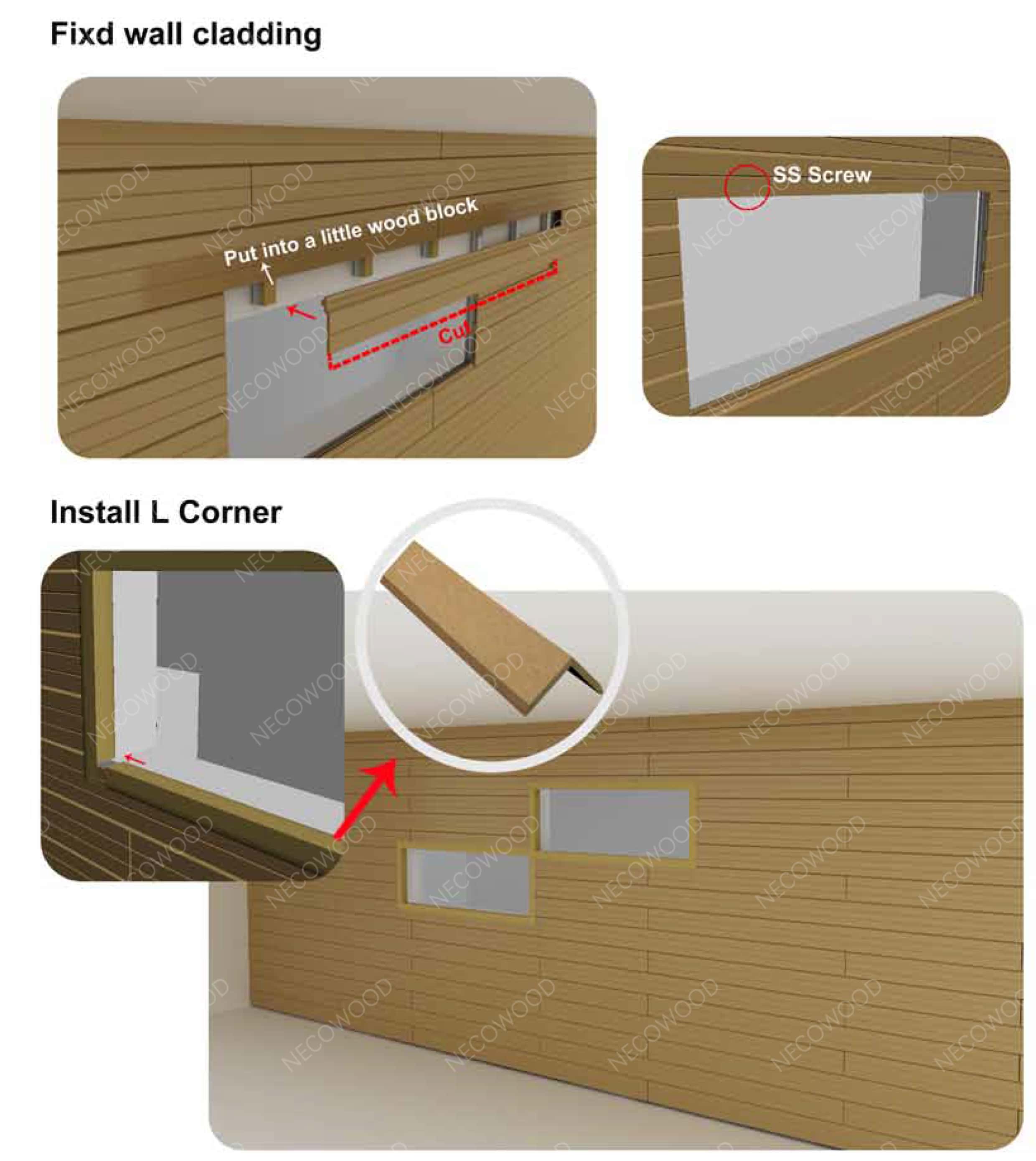 Step 4: Installing L-corner profiles on WPC wall panel edges for clean finish