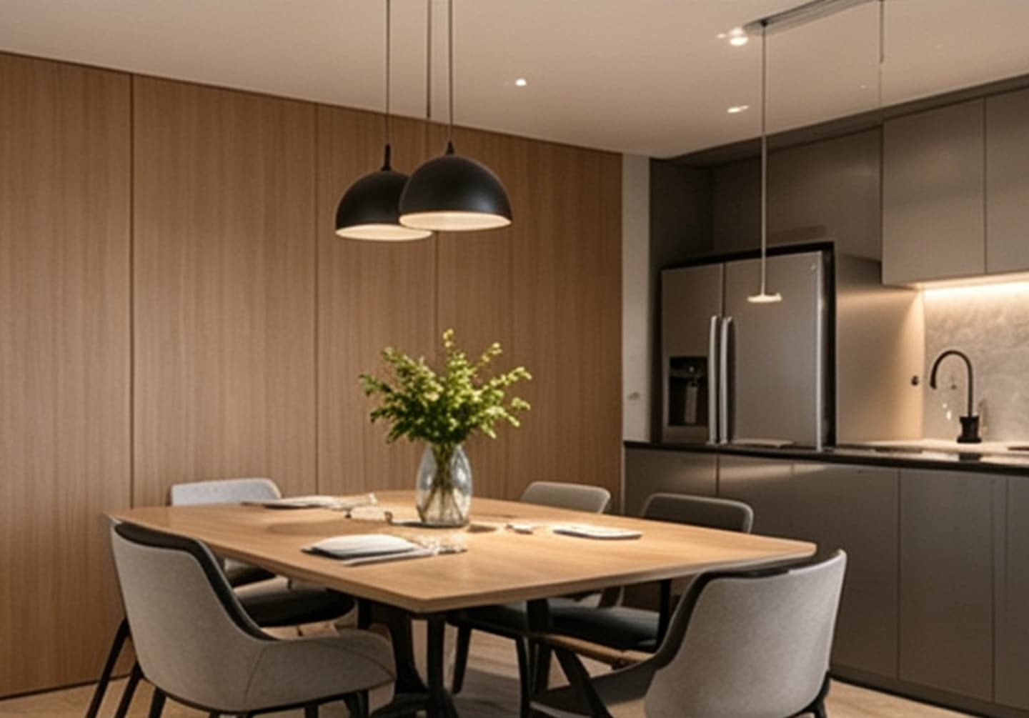 Necowood WPC wall panel kitchen and dining wall in warm cream woodgrain finish