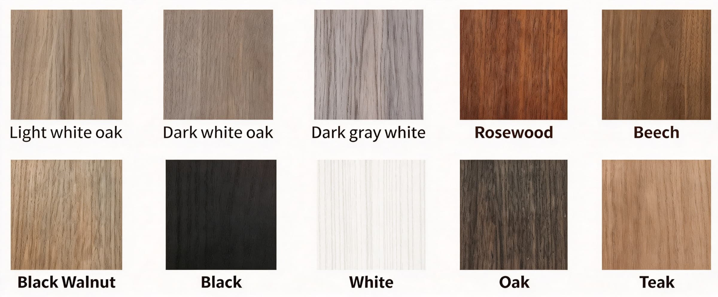 NECOWOOD ASA WPC outdoor wall panel color card – Light white oak, Dark white oak, Dark gray white, Rosewood, Beech, Black Walnut, Black, White, Oak, Teak